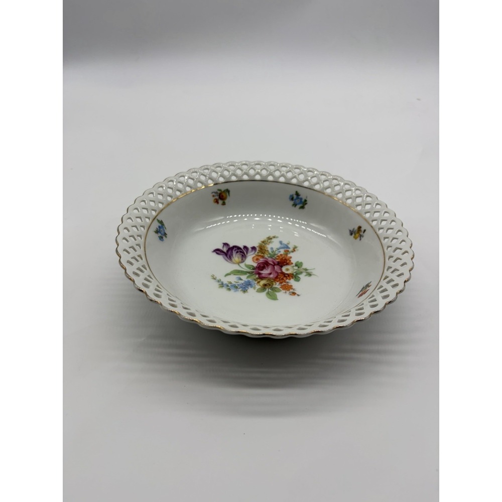 Vtg Schumann Reticulated Dresden Flowers Porcelain Bowl 9"